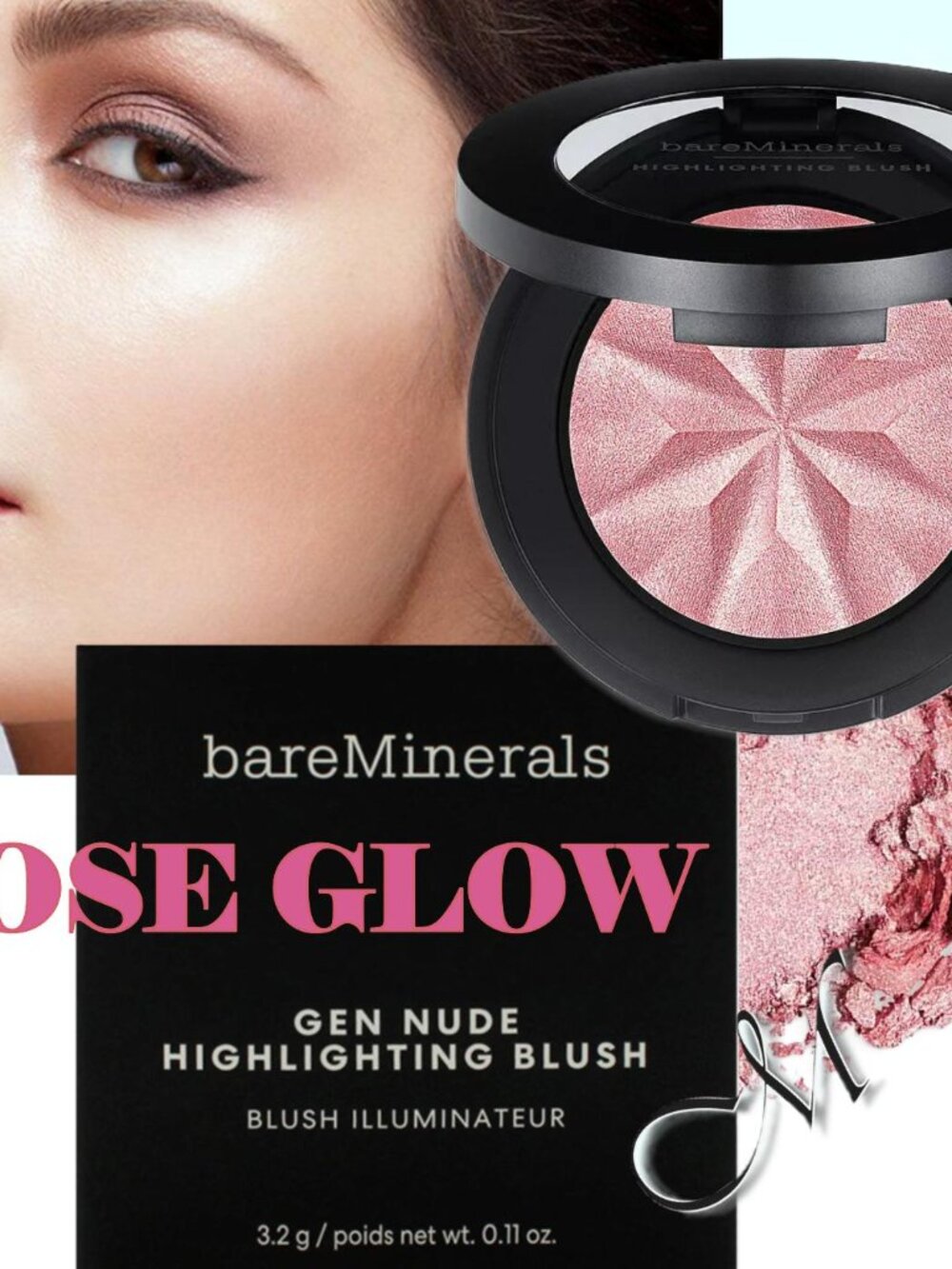 bareMinerals Gen Nude Highlighting Blush* ~ Rose Glow (Soft Rose Pink) 3.2g NIB